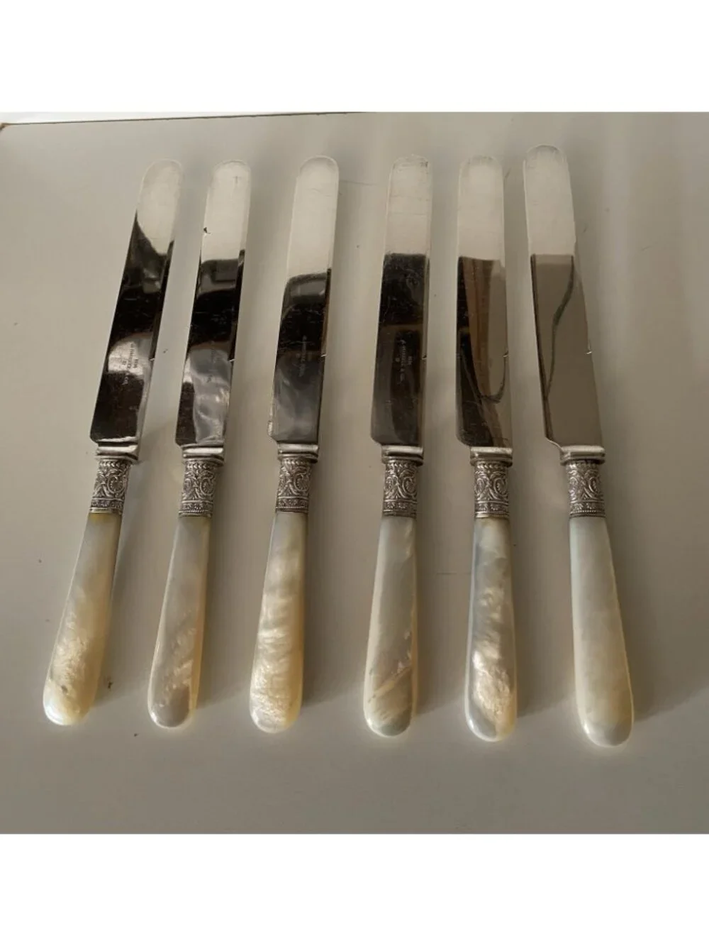 Set of 6 Antique J Russell & Co Mother of Pearl Handle Luncheon Knives 1834